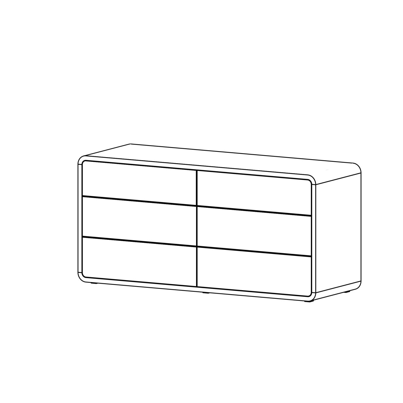 Massivholzkommode aus Ulme mit gerundeten Ecken, 6 Schubalden und durchgehendem Holzbild.
