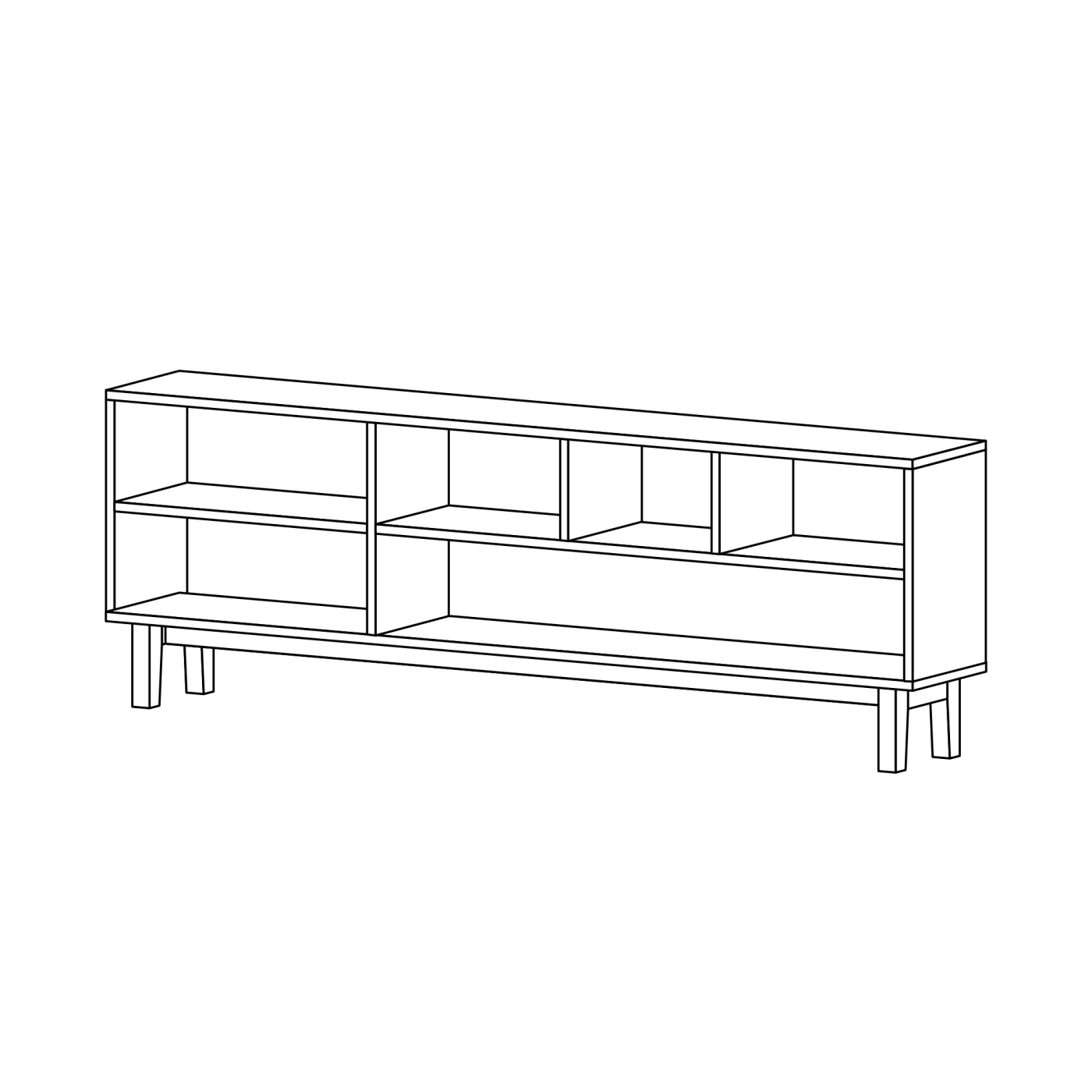 Offenes Massivholzsideboard aus Nussbaum auf Füssen mit farblich abgesetzter Rückwand