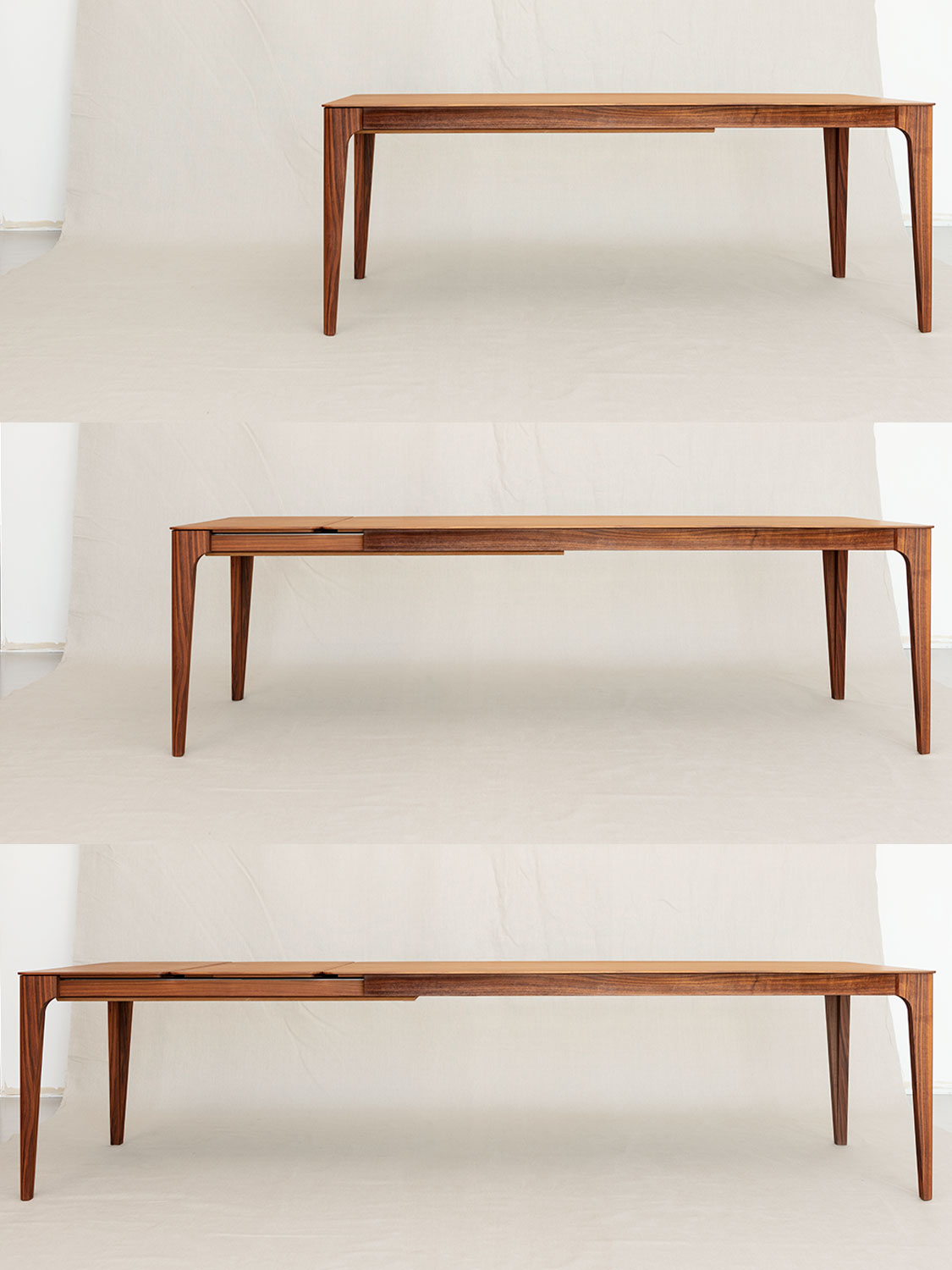 Ausziehbarer Tisch Jas, Nussbaum massiv (Massivholz), 200 / 250 / 300 × 90 cm